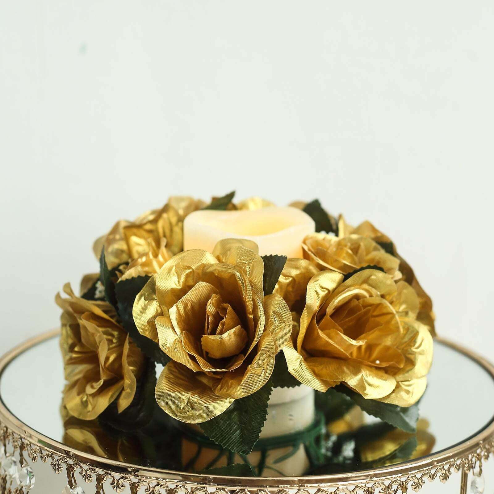 Efavormart 4 Pack Artificial Silk Rose Floral Candle Rings Party Event Wedding Centerpieces Gold