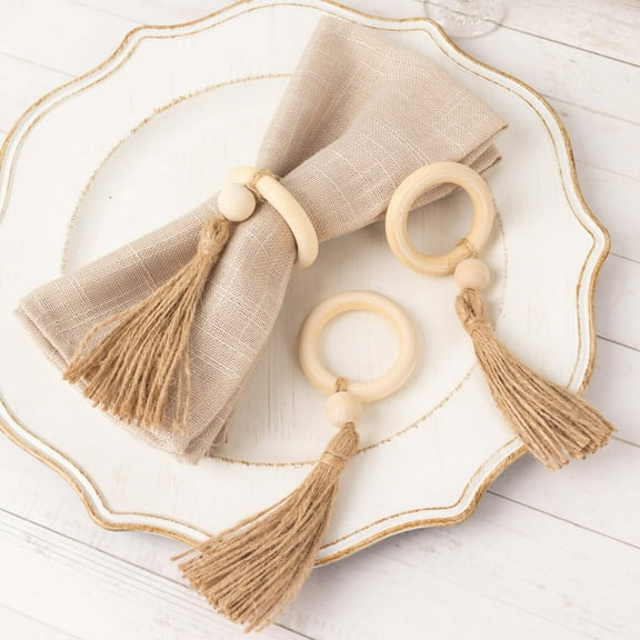 Efavormart 4 Pack Cream Wooden Napkin Rings with Woven Jute Beaded Tassel, Farmhouse Style Dinner Serviette Buckles