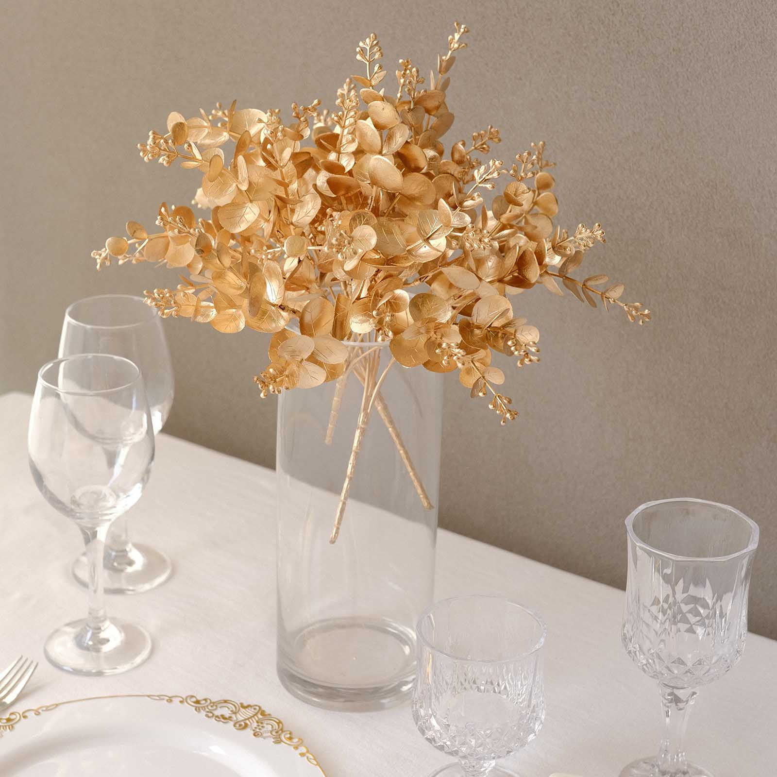 Efavormart 4 Pack Metallic Gold Artificial Eucalyptus Leaves Bushes, Faux Spray Plant Vase