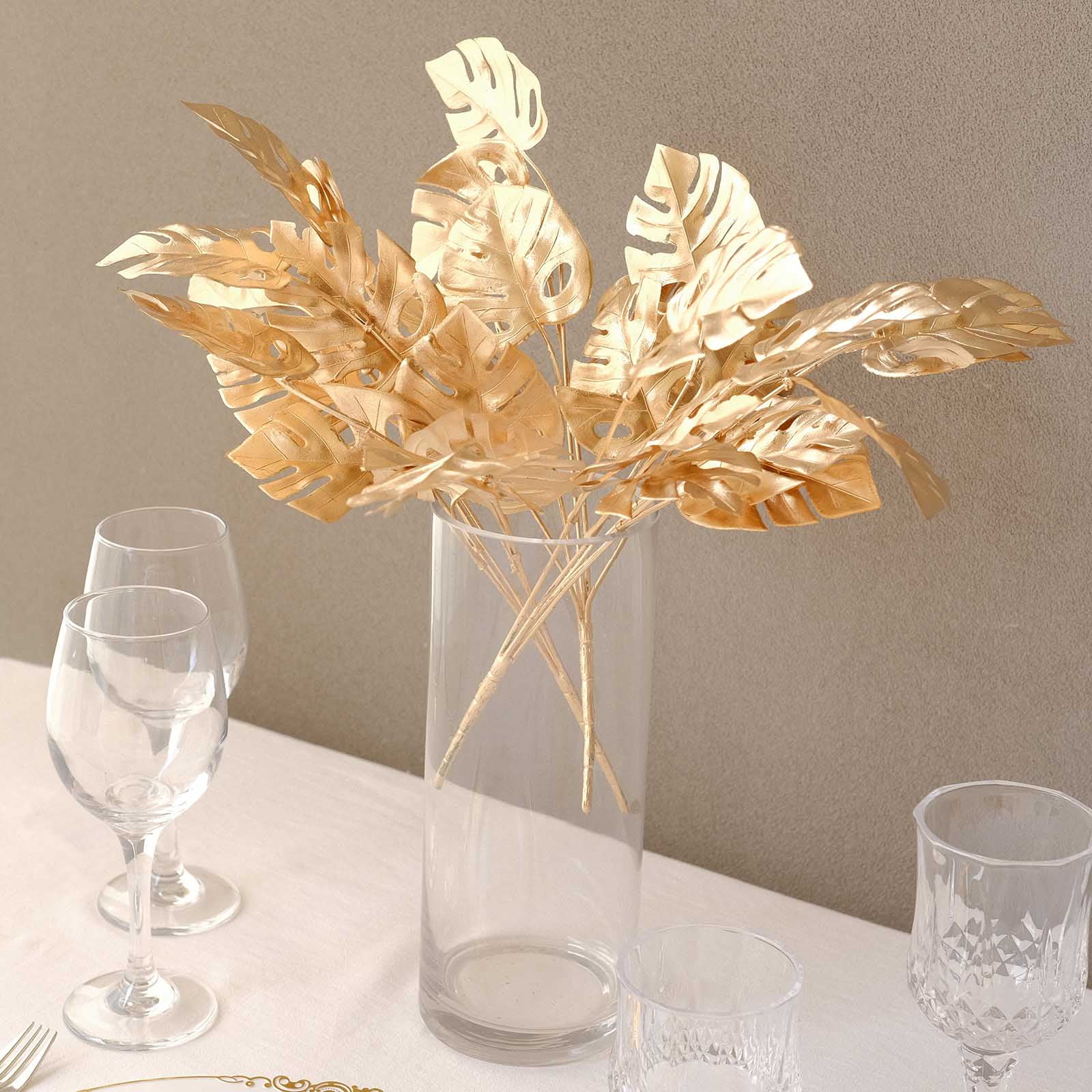 Efavormart 4 Pack Metallic Gold Artificial Monstera Leaves Bushes, Tropical Palm Leaf Bunches