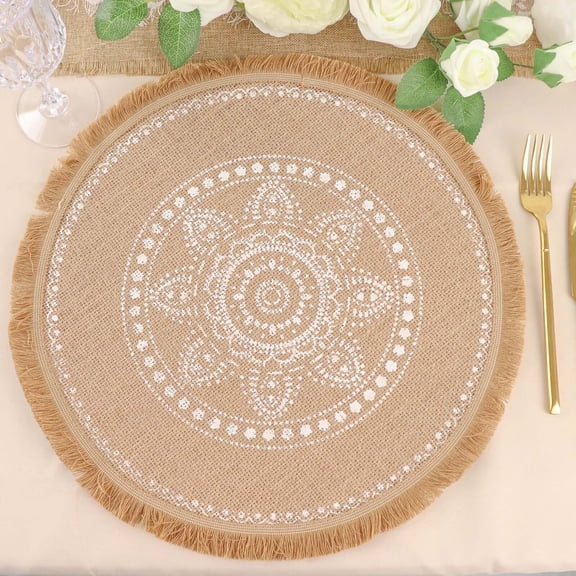 Efavormart 4 Pack | Natural 15" Jute Fringe White Embroidery Print Placemats, Rustic Round Woven Burlap Tassel Table Mats