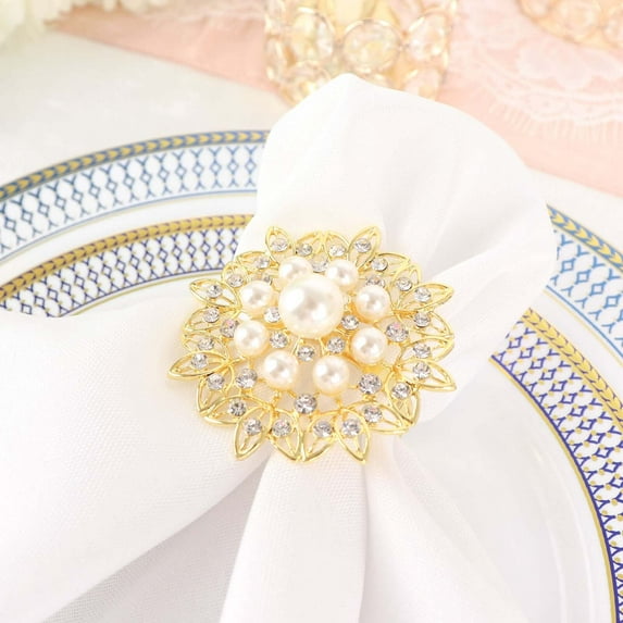 Efavormart 4 Pack | Pearl And Diamond Rhinestone Flower Gold Metal Napkin Rings, Decorative Napkin Buckle Holders