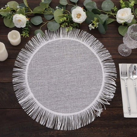 Efavormart 4 Pack White Jute Boho Chic Fringe Edge Table Placemats, Round Rustic Farmhouse Burlap Tassel Dining Table Mats - 16"
