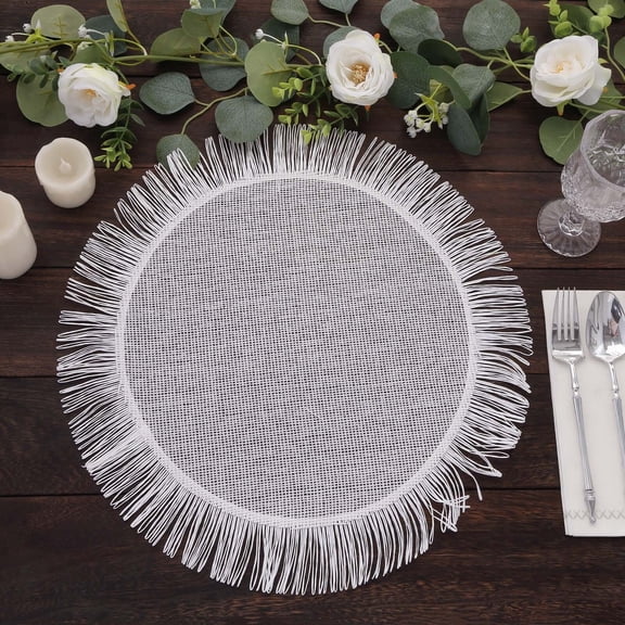 Efavormart 4 Pack White Jute Boho Chic Fringe Edge Table Placemats, Round Rustic Farmhouse Burlap Tassel Dining Table Mats - 16"