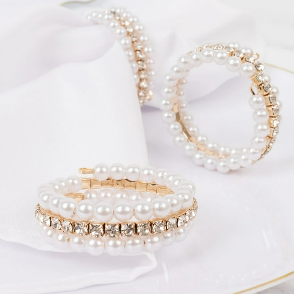 Efavormart 4-Pack White Pearl Rhinestone Napkin Rings, Elegant Round Napkin Holders - 2"