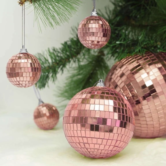 Efavormart 4 Pcs 6" Rose Gold Glass Mirror Disco Ball with Hanging String Christmas Ornaments