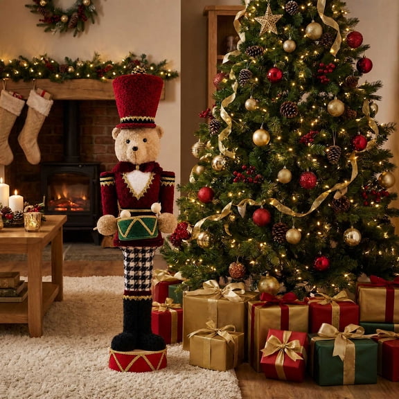 Efavormart 45" Teddy Bear Nutcracker Soldier Figurine with Red Jacket, Drum & Gold Trim - Freestanding Christmas Décor