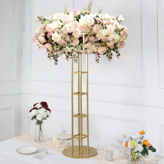 Efavormart 46" Tall Gold Metal Large Open Frame Floral Riser Wedding Centerpiece, Grand Halo Top Flower Display Stand Pedestal