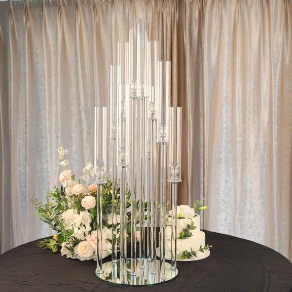 Efavormart 47" Tall - 10 Arms Clear Crystal Cluster Round Candelabra, Pillar Candle Holders With Mirror Base - Perfect for Wedding Ceremonies, Party Decorations, Banquet, Upscale Occasions