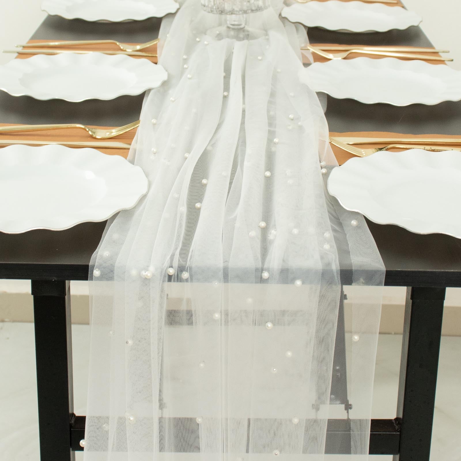 Pearl See-through Light Weight Table Overlay Pearl Embroidered White Table  Runner Reception Decoration for Bridal Shower, Wedding, Baptism 
