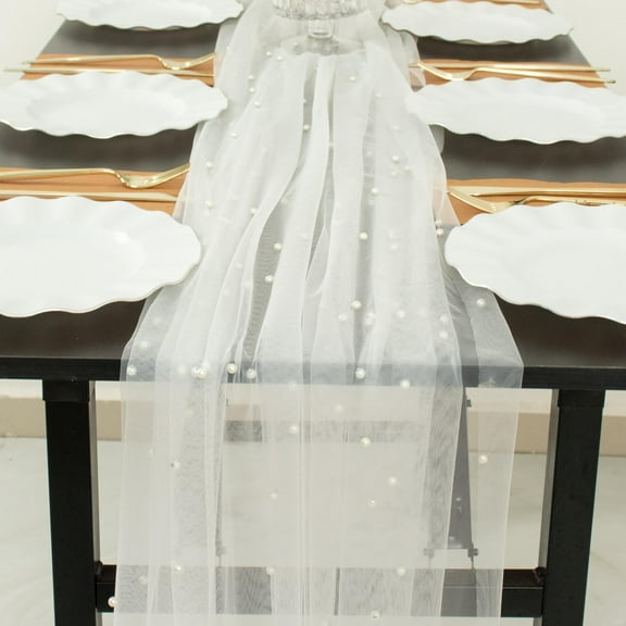 Efavormart 48"X120" White Pearl Embellished Sheer Tulle Table Runner, Elegant Formal Table Linen
