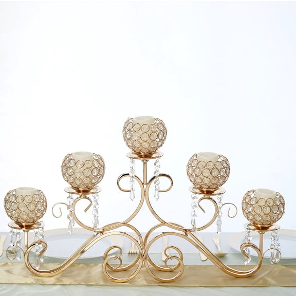 Efavormart 5 Arm 16" Crystal Chandelier Gold Metal Horizontal Table Standing Candelabra Wedding Centerpiece Candle Holder