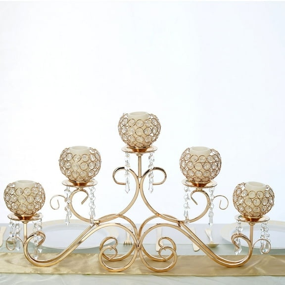 Efavormart 5 Arm 27" Crystal Gold Metal Horizontal Table Standing Candelabra Candle Holder Set
