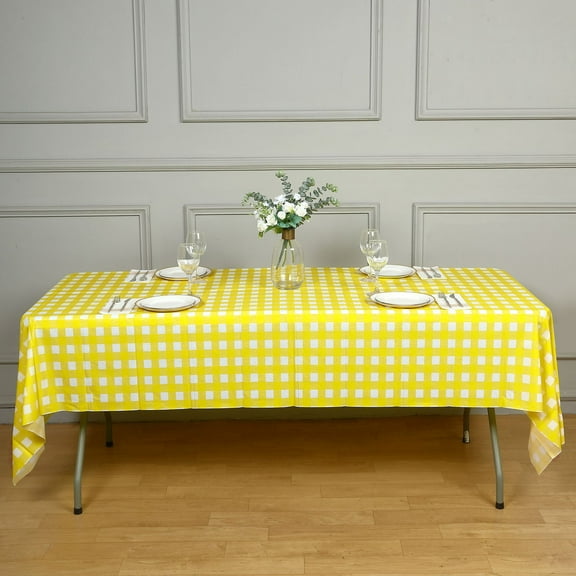 Efavormart 5 PCS 54"x108" White and Yellow Buffalo Plaid Rectangle Vinyl Tablecloth, PVC Plastic Checkered Spill Proof Tablecloths | Disposable Waterproof Tablecloths