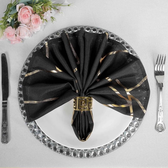 Efavormart 5 Pack | 20"x20" Modern Black Polyester Linen Dinner Napkins With Gold Foil Geometric Pattern