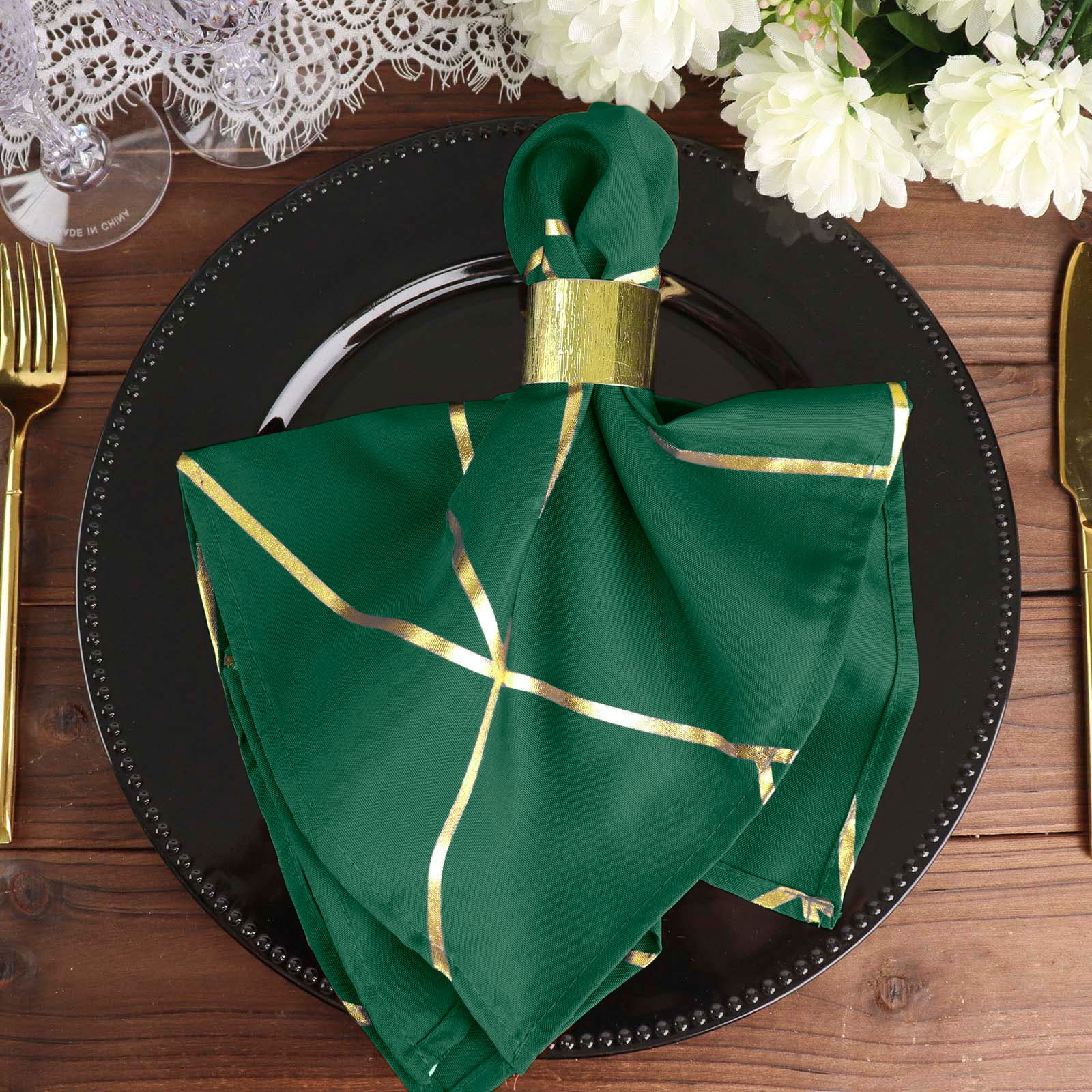 Efavormart 5 Pack | 20"x20" Modern Hunter Emerald Green Polyester Linen Dinner Napkins With Gold ...