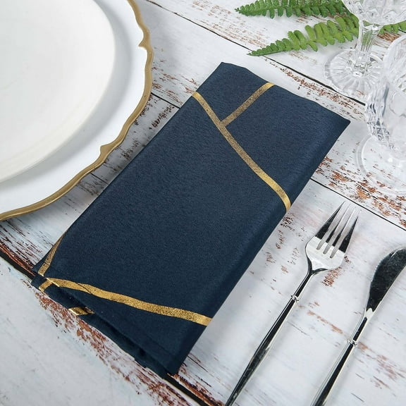 Efavormart 5 Pack | 20"x20" Modern Navy Blue Polyester Linen Dinner Napkins With Gold Foil Geometric Pattern