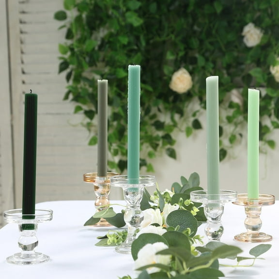Efavormart 5 Pack Assorted Sage Green Premium Unscented Ribbed Wick Taper Candles, Tall Ribbon Wax Dinner Candles 9"