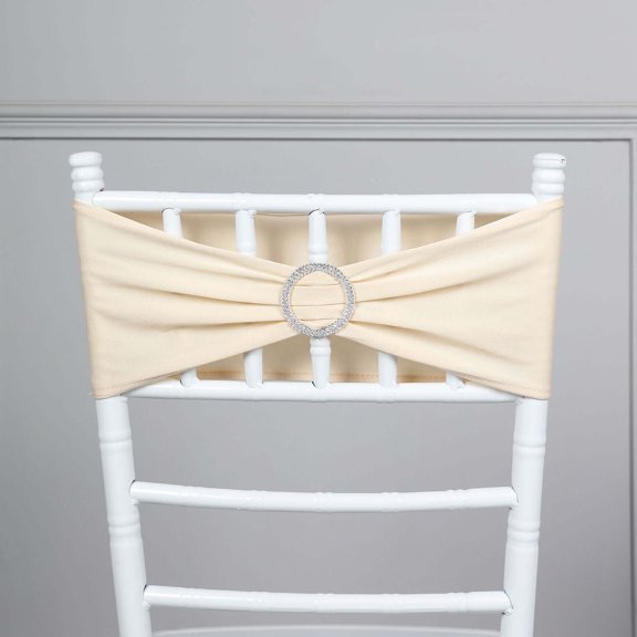 Efavormart 5 Pack Beige Stretch Spandex Chair Sash With Silver Diamond Sash Pin Banquet Chair Band for Event Decor
