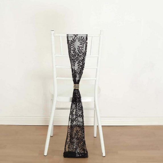 Efavormart 5 Pack Black Leaf Vine Embroidered Sequin Tulle Chair Sashes - 6"x88"
