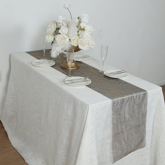Efavormart 5 Pack Black Mesh Organza Table Runners with Gold Foil Water Wave Pattern - 12"x108"