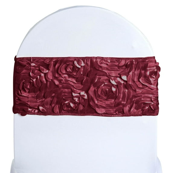 Efavormart 5 Pack Burgundy Satin Rosette Spandex Banquet Wedding Chair Sashes Band For Wedding Party Banquet Event Decoration