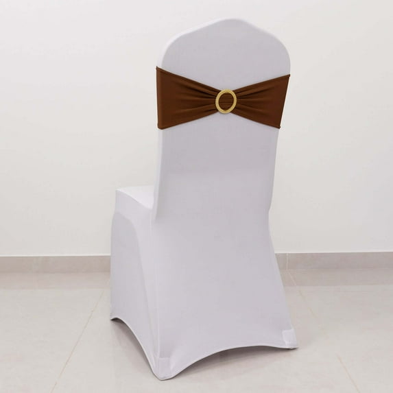 Efavormart 5 Pack Cinnamon Brown Spandex Chair Sashes with Gold Rhinestone Buckles, Elegant Stretch Chair Bands and Slide On Brooch Set - 5"x14"