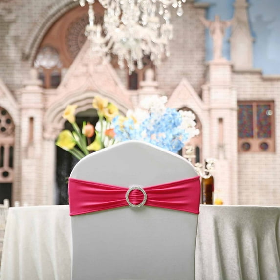 Efavormart 5 Pack Fushia Stretch Spandex Chair Sash With Silver Diamond Sash Pin Banquet Chair Band for Event Decor