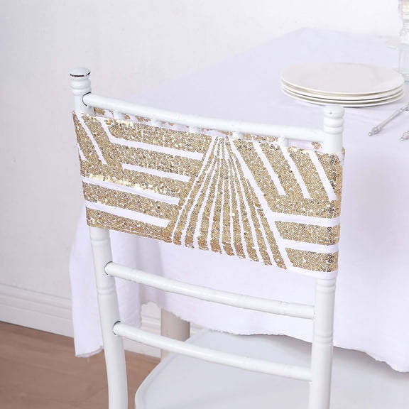 Efavormart 5 Pack Gold Diamond Glitz Sequin White Spandex Chair Sash Bands, Sparkly Geometric Stretchable Chair Sashes