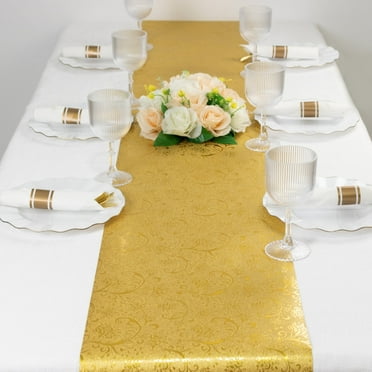Efavormart 5 Pack Gold Glitter Paper Table Runners with Vintage Floral Vine Pattern - 10ft Disposable Wedding & Party Table Runners
