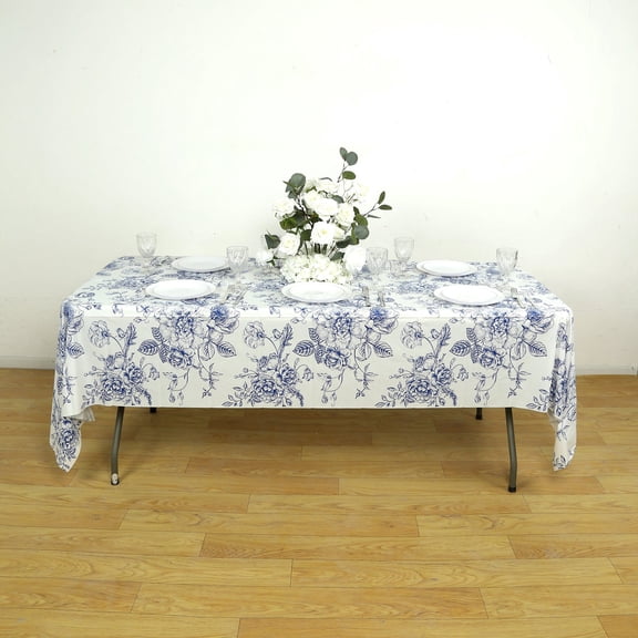 Efavormart 5-Pack Rectangular Plastic Tablecloths 54"x108" – White with Blue French Toile Pattern, PVC Waterproof Disposable Covers