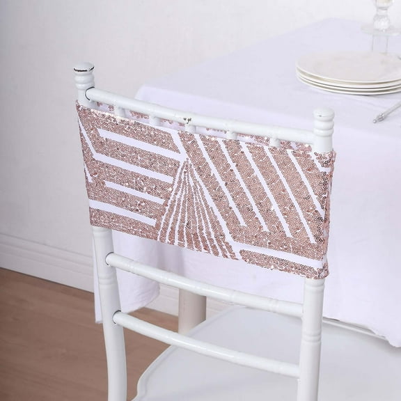 Efavormart 5 Pack Rose Gold Diamond Glitz Sequin White Spandex Chair Sash Bands, Sparkly Geometric Stretchable Chair Sashes