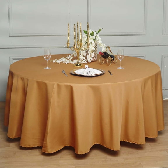 Efavormart 5 Pack Round Tablecloth, 120 Inch Stain & Wrinkle Resistant Washable Table Cloth, Decorative Polyester Fabric Table Cover for Banquet, Wedding, Dining- Gold