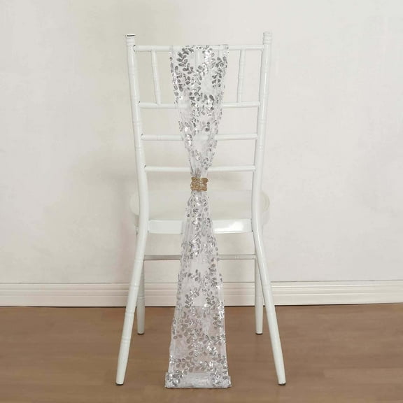 Efavormart 5 Pack Silver Leaf Vine Embroidered Sequin Tulle Chair Sashes - 6"x88"