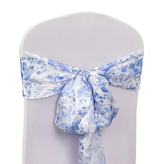 Efavormart 5 Pack White Blue Chinoiserie Floral Print Satin Chair Sashes, Chair Bows - 6"X108"