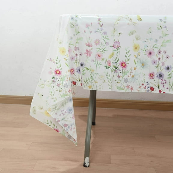 Efavormart 5 Pack White Green Spring Floral Rectangle Plastic Tablecloths, PVC Waterproof Disposable Table Covers with Wild Flowers Butterfly Print - 54"x108"