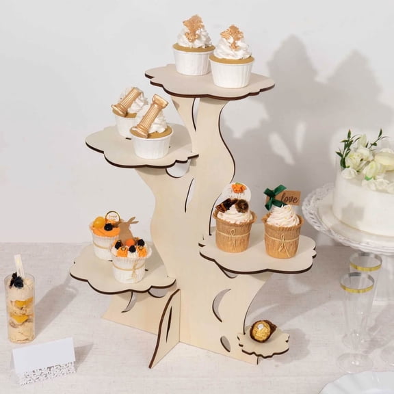 Efavormart 5-Tier Natural Laser Cut Wooden Tree Tower Cake Stand, Rustic Cupcake Dessert Display Stand - 19" Tall