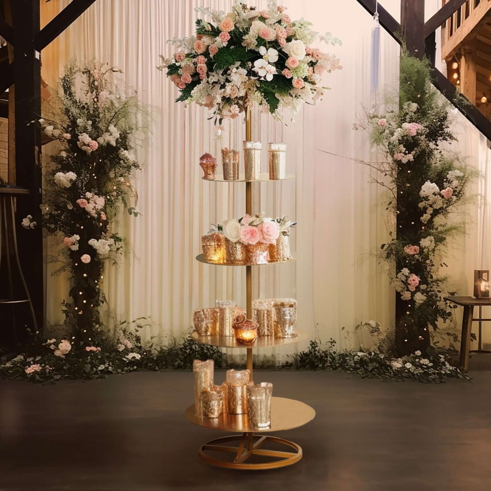 Efavormart 5 Tier Round Gold Metal Champagne Tower Stand, Cupcake Holder Dessert Display Floor Stand - 4.5ft Tall