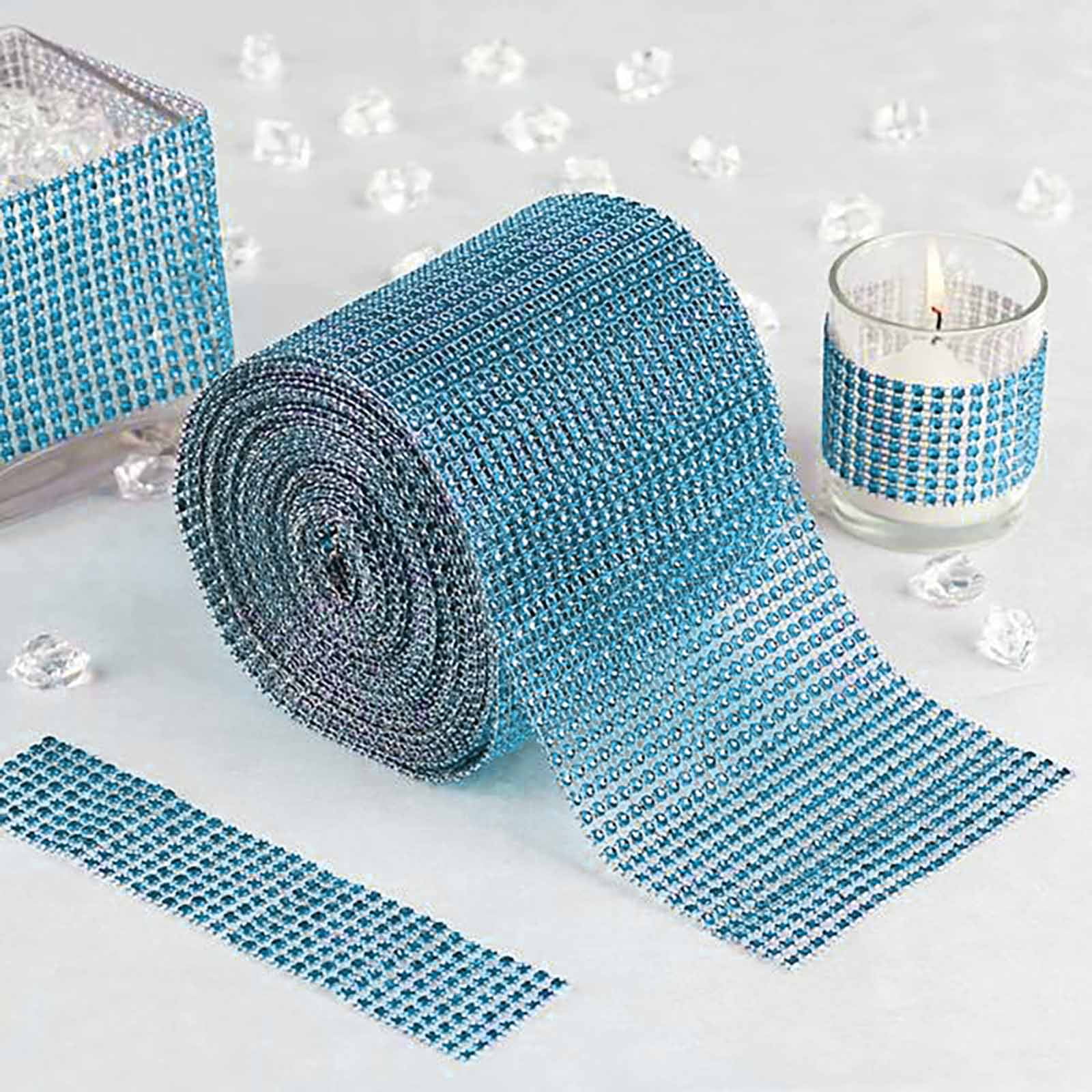 5x10 Yards Shiny Turquoise Diamond Rhinestone Ribbon Wrap Roll