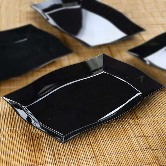 Efavormart 50 Pack- 12" Black Plastic Disposable Rectangular Serving Trays Plates - With Glossy Finish and Wave Trimmed Rim
