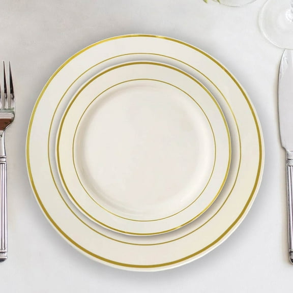 Efavormart 50 Pack - 6" Ivory Très Chic Plastic Salad Dessert Plates Round With Gold Rim