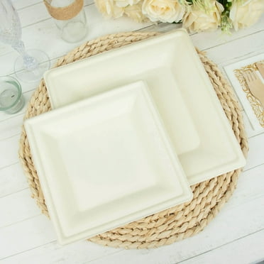 Efavormart 50 Pack | 8" White Biodegradable Bagasse Square Dessert Plates, Eco Friendly Disposable Sugarcane Appetizer/Salad Plates