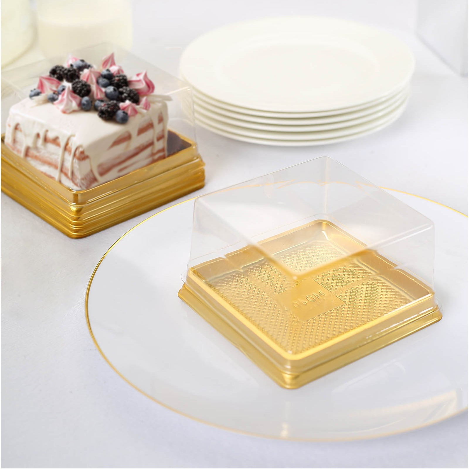 12 Square 3.5 Cupcake Boxes Favor Holders with Ribbons - Gold Clear