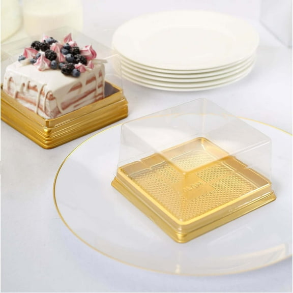 Efavormart 50 Pack | Clear / Gold Square Mini Plastic Dessert Party Favor Boxes, Cupcake Muffin Food Containers - 4"X4"X2.5"