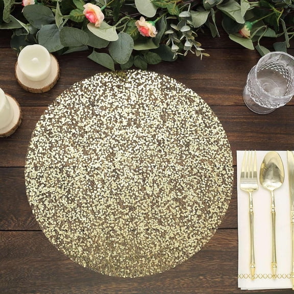 Efavormart 50-Pack Mesh Table Placemats 13" Round Sequin Design Metallic Gold - Sparkly Dust-Free Disposable Dining Mats