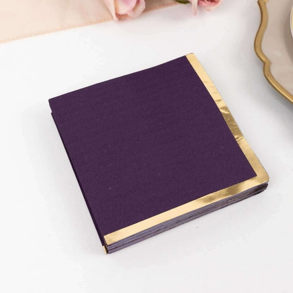 Efavormart 50 Pack Purple Paper Beverage Napkins with Gold Foil Edge, Soft 2 Ply Disposable Cocktail Napkins - 5"x5"