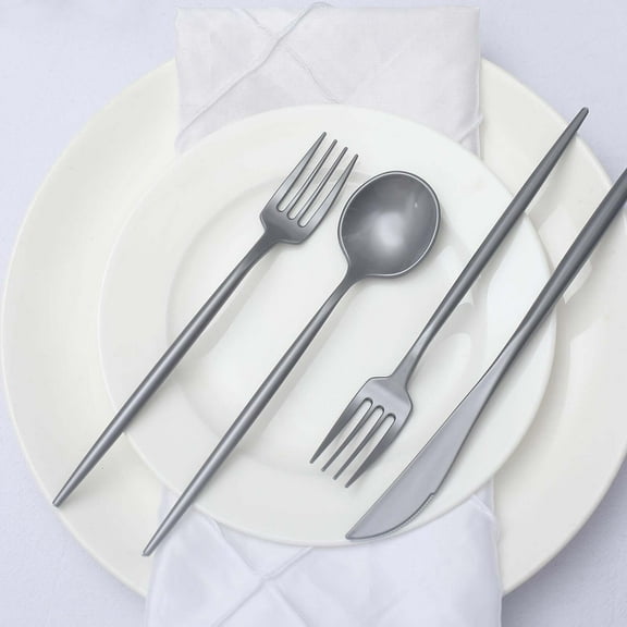 Efavormart 50 Pack | Silver Heavy Duty Plastic Utensil Set, Premium Disposable Sleek Cutlery Flatware