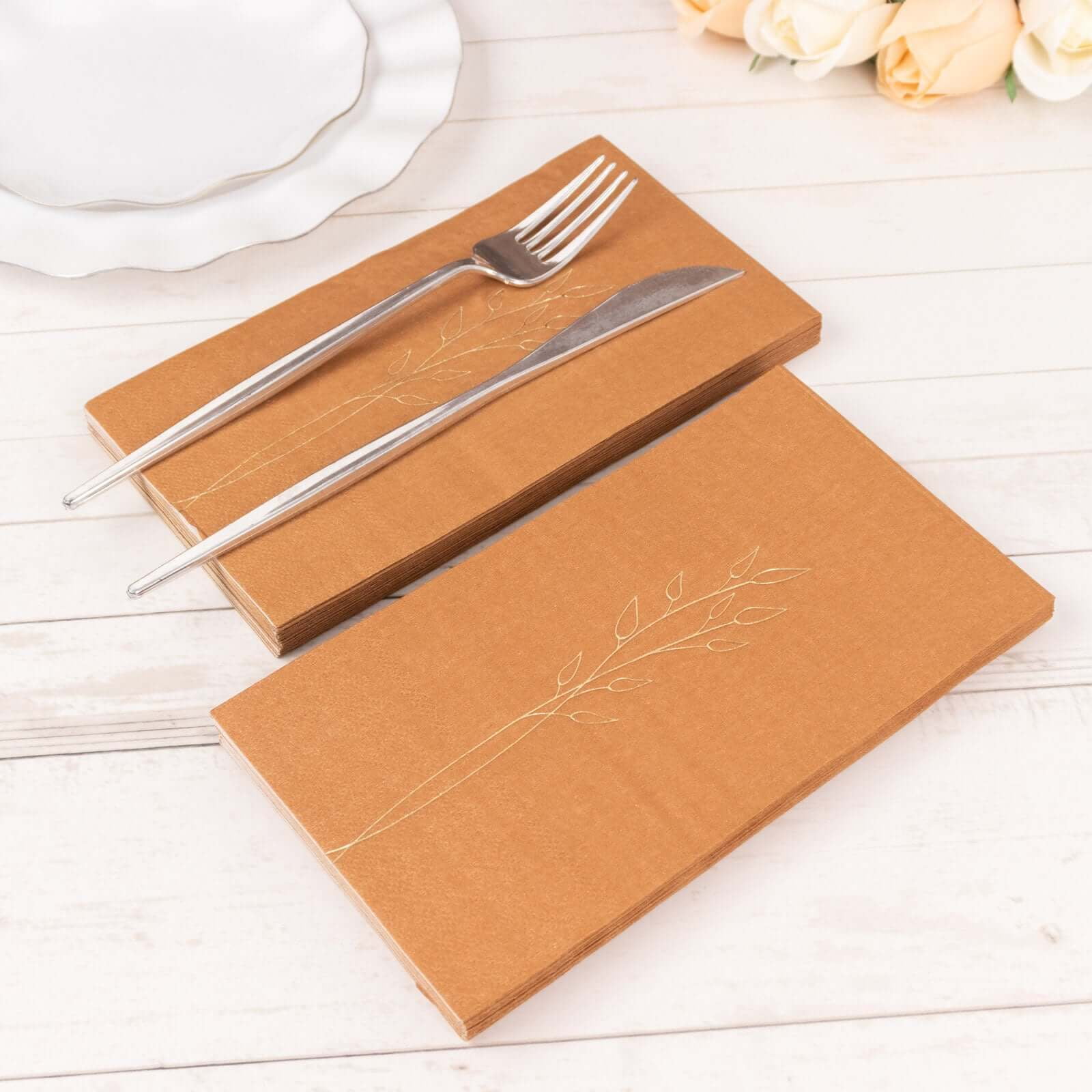 Efavormart 50 Pack Terracotta Soft Paper Dinner Napkins with Gold Embossed Leaf, 2 Ply Wedding ...