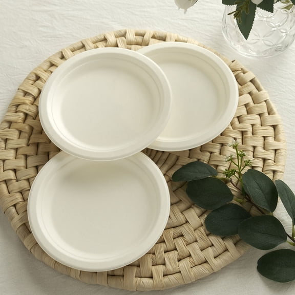 Efavormart 50 Pack | White 7" Round Biodegradable Bagasse Plates, Compostable Dessert Plates, Eco-Friendly Disposable Appetizer Salad Party Plates