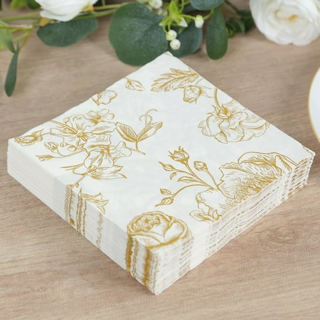 Efavormart 50 Pack White Gold 2-Ply Paper Cocktail Napkins in French Toile Floral Pattern, Highly Absorbent Soft Disposable Beverage Napkins